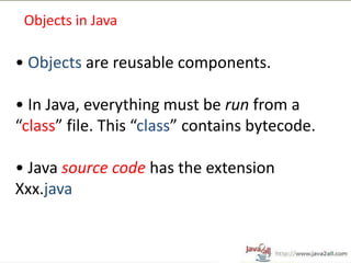 Objects in Java

• Objects are reusable components.

• In Java, everything must be run from a
“class” file. This “class” contains bytecode.

• Java source code has the extension
Xxx.java
 