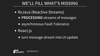 WE'LL	FILL	WHAT'S	MISSING
RxJava	(Reactive	Streams)
PROCESSING	streams	of	messages
asynchronous	Fault	Tolerance
React.js
turn	message	stream	into	UI	update
	@OMIHALYI
 