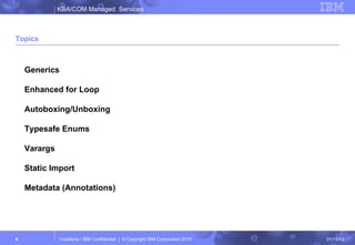 Topics Generics Enhanced for Loop Autoboxing/Unboxing Typesafe Enums Varargs Static Import Metadata (Annotations) 