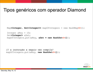 Tipos genéricos com operador Diamond


        Map<Integer, Set<Integer>> mapOfIntegers = new HashMap<>();

        Integer aKey = 10;
        Set<Integer> aSet;
        mapOfIntegers.put(aKey, aSet = new HashSet<>());




       // a instrução a seguir não compila!
       mapOfIntegers.put(aKey, new HashSet<>());




                                                      Globalcode	
  –	
  Open4education
Saturday, May 19, 12
 