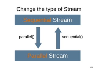 169
Change the type of Stream
Sequential Stream
Parallel Stream
parallel() sequential()
 
