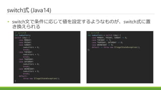 switch式 (Java14)
• switch文で条件に応じて値を設定するようなものが、switch式に置
き換えられる
// switch文
int numLetters;
switch (day) {
case MONDAY:
case FRIDAY:
case SUNDAY:
numLetters = 6;
break;
case TUESDAY:
numLetters = 7;
break;
case THURSDAY:
case SATURDAY:
numLetters = 8;
break;
case WEDNESDAY:
numLetters = 9;
break;
default:
throw new IllegalStateException();
}
// switch式
int numLetters = switch (day) {
case MONDAY, FRIDAY, SUNDAY -> 6;
case TUESDAY -> 7;
case THURSDAY, SATURDAY -> 8;
case WEDNESDAY -> 9;
default -> throw new IllegalStateException();
};
 