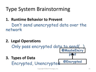 Type System Brainstorming
1. Runtime Behavior to Prevent
Don’t send unencrypted data over the network
2. Legal Operations
Only pass encrypted data to send(...)
3. Types of Data
Encrypted, Unencrypted
@MaybeEncrypted
@Encrypted
Copyright ©2014 FinLingua, Inc. 25
 