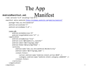 The App
Manifest
AndroidManifest.xml
<?xml version="1.0" encoding="utf-8"?>
<manifest xmlns:android="http://schemas.android.com/apk/res/android"
package="edu.osu.helloandroid"
android:versionCode="1"
android:versionName="1.0" >
<uses-sdk
android:minSdkVersion="8"
android:targetSdkVersion="17" />
<application
android:allowBackup="true"
android:icon="@drawable/ic_launcher"
android:label="@string/app_name"
android:theme="@style/AppTheme" >
<activity
android:name="edu.osu.helloandroid.MainActivity"
android:label="@string/app_name" >
<intent-filter>
<action android:name="android.intent.action.MAIN" />
<category android:name="android.intent.category.LAUNCHER" />
</intent-filter>
</activity>
</application>
</manifest> 54
 