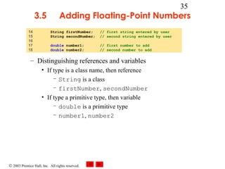 3.5
14
15
16
17
18

35

Adding Floating-Point Numbers
String firstNumber;
String secondNumber;

// first string entered by user
// second string entered by user

double number1;
double number2;

// first number to add
// second number to add

– Distinguishing references and variables
• If type is a class name, then reference
– String is a class
– firstNumber, secondNumber
• If type a primitive type, then variable
– double is a primitive type
– number1, number2

© 2003 Prentice Hall, Inc. All rights reserved.

 