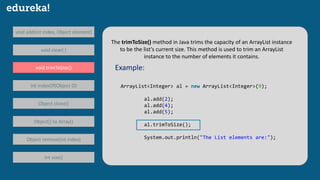 void add(int index, Object element)
void clear( )
void trimToSize()
Int indexOf(Object O)
Object clone()
Object[] to Array()
Object remove(int index)
Int size()
ArrayList<Integer> al = new ArrayList<Integer>(9);
al.add(2);
al.add(4);
al.add(5);
al.trimToSize();
System.out.println("The List elements are:");
The trimToSize() method in Java trims the capacity of an ArrayList instance
to be the list’s current size. This method is used to trim an ArrayList
instance to the number of elements it contains.
Example:
 
