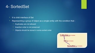 4- SortedSet
 It is child interface of Set
 Representing a group of object as a single entity with the condition that -
 Duplicates are not allowed
 Insertion order is not preserved
 Objects should be stored in some sorted order
 