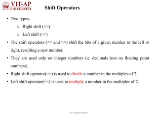 Shift Operators
• Two types.
o Right shift (>>)
o Left shift (<<)
• The shift operators (<< and >>) shift the bits of a given number to the left or
right, resulting a new number.
• They are used only on integer numbers i.e. decimals (not on floating point
numbers).
• Right shift operator(>>) is used to divide a number in the multiples of 2.
• Left shift operator(<<) is used to multiply a number in the multiples of 2.
Dr. Kuppusamy P
 