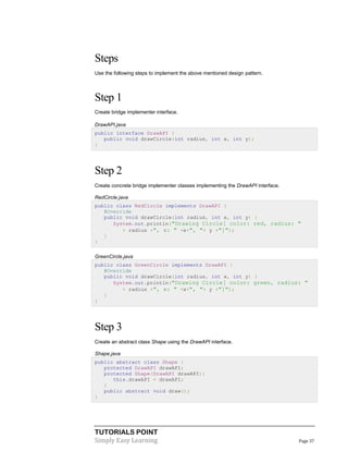 TUTORIALS POINT
Simply Easy Learning Page 37
Steps
Use the following steps to implement the above mentioned design pattern.
Step 1
Create bridge implementer interface.
DrawAPI.java
public interface DrawAPI {
public void drawCircle(int radius, int x, int y);
}
Step 2
Create concrete bridge implementer classes implementing the DrawAPI interface.
RedCircle.java
public class RedCircle implements DrawAPI {
@Override
public void drawCircle(int radius, int x, int y) {
System.out.println("Drawing Circle[ color: red, radius: "
+ radius +", x: " +x+", "+ y +"]");
}
}
GreenCircle.java
public class GreenCircle implements DrawAPI {
@Override
public void drawCircle(int radius, int x, int y) {
System.out.println("Drawing Circle[ color: green, radius: "
+ radius +", x: " +x+", "+ y +"]");
}
}
Step 3
Create an abstract class Shape using the DrawAPI interface.
Shape.java
public abstract class Shape {
protected DrawAPI drawAPI;
protected Shape(DrawAPI drawAPI){
this.drawAPI = drawAPI;
}
public abstract void draw();
}
 