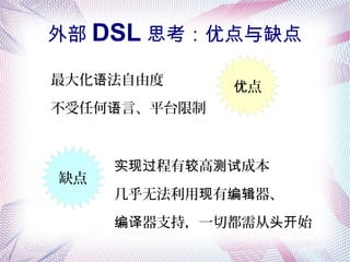 外部 DSL 思考：优点与缺点
最大化 法自由度语
不受任何 言、平台限制语
点优
缺点
程有 高 成本实现过 较 测试
几乎无法利用 有 器、现 编辑
器支持，一切都需从 始编译 头开
 