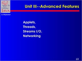Unit III--Advanced Features
(c) Rajkumar

Applets,
Threads,
Streams I/O,
Networking

69

 