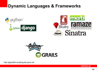 Dynamic Languages & Frameworks




http://glassfish-scripting.dev.java.net


                                          110
 