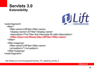 Servlets 3.0
     Extensibility



<web-fragment>
  <filter>
     <filter-name>LiftFilter</filter-name>
      <display-name>Lift Filter</display-name>
      <description>The Filter that intercepts lift calls</description>
      <filter-class>net.liftweb.http.LiftFilter</filter-class>
   </filter>
   <filter-mapping>
     <filter-name>LiftFilter</filter-name>
     <url-pattern>/*</url-pattern>
   </filter-mapping>
</web-fragment>


 http://blogs.sun.com/arungupta/entry/totd_101_applying_servlet_3


                                                                         32
 