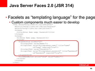 Java Server Faces 2.0 (JSR 314)

• Facelets as “templating language” for the page
  • Custom components much easier to develop
     <html xmlns="http://www.w3.org/1999/xhtml"
     xmlns:ui="http://java.sun.com/jsf/facelets"
     xmlns:h="http://java.sun.com/jsf/html">
     <h:head>
       <title>Enter Name &amp; Password</title>
     </h:head>
     <h:body>
       <h1>Enter Name &amp; Password</h1>
       <h:form>
         <h:panelGrid columns="2">
           <h:outputText value="Name:"/>
           <h:inputText value="#{simplebean.name}" title="name"
                        id="name" required="true"/>
           <h:outputText value="Password:"/>
           <h:inputText value="#{simplebean.password}" title="password"
                        id="password" required="true"/>
         </h:panelGrid>
         <h:commandButton action="show" value="submit"/>
       </h:form>
     </h:body>
   </html>


                                                                          64
 
