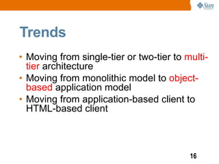 Trends
• Moving from single-tier or two-tier to multi-
  tier architecture
• Moving from monolithic model to object-
  based application model
• Moving from application-based client to
  HTML-based client



                                          16
 