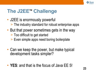 The J2EE Challenge
               TM




• J2EE is enormously powerful
  > The industry standard for robust enterprise apps
• But that power sometimes gets in the way
  > Too difficult to get started
  > Even simple apps need boring boilerplate


• Can we keep the power, but make typical
  development tasks simpler?

• YES: and that is the focus of Java EE 5!
                                                       23
 