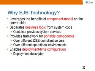 Why EJB Technology?
• Leverages the benefits of component-model on the
  server side
• Separates business logic from system code
  > Container provides system services
• Provides framework for portable components
  > Over different J2EE-compliant servers
  > Over different operational environments
• Enables deployment-time configuration
  > Deployment descriptor



                                                 30
 
