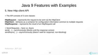 12/5/19
Java 9 Features with Examples
5. New Http client API
> The API consists of 3 core classes:
HttpRequest – represents the request to be sent via the HttpClient
HttpClient – behaves as a container for configuration information common to multiple requests
HttpResponse – represents the result of an HttpRequest call
> Send Requests – Sync vs. Async
send(…) – synchronously (blocks until the response comes)
sendAsync(…) – asynchronously (doesn’t wait for response, non-blocking)
Reference: JEP 110
10
 