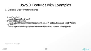 12/5/19
Java 9 Features with Examples
6. Optional Class Improvements
●
stream() method:
●
public Stream<T> stream()
●
ifPresentOrElse() method:
●
public void ifPresentOrElse(Consumer<? super T> action, Runnable emptyAction)
●
or() method:
●
public Optional<T> or(Supplier<? extends Optional<? extends T>> supplier)
Reference: JEP-213
11
 
