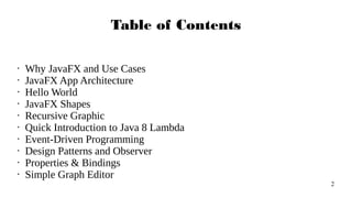 2
Table of Contents
• Why JavaFX and Use Cases
• JavaFX App Architecture
• Hello World
• JavaFX Shapes
• Recursive Graphic
• Quick Introduction to Java 8 Lambda
• Event-Driven Programming
• Design Patterns and Observer
• Properties & Bindings
• Simple Graph Editor
 