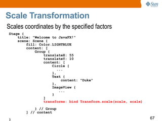 Scale Transformation Scales coordinates by the specified factors Stage { title: &quot;Welcome to JavaFX!&quot; scene: Scene { fill: Color.LIGHTBLUE content: [ Group { translateX: 55 translateY: 10 content: [ Circle { ... }, Text { content: &quot;Duke&quot; }, ImageView { ... } ] transforms: bind Transform.scale(scale, scale) } // Group ] // content } 
