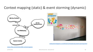 Context mapping (static) & event storming (dynamic)
22/09/2016 @danielbryantuk | @spoole167 28
www.infoq.com/articles/ddd-contextmapping
ziobrando.blogspot.co.uk/2013/11/introducing-event-storming.html
 