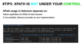 XPath usage in Selenium depends on:
Native capabilities for XPath of each browser
If not available, Selenium provides its own implementation
#TIP5: XPATH IS NOT UNDER YOUR CONTROL
 