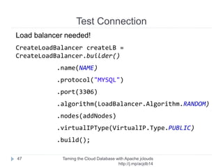 Java Project
Taming the Cloud Database with Apache jclouds http://rack.
to/jo14db
47
Skeleton
Project
Create User
Create Instance
Initialize API
Create Database
Test Connection
Cleanup
 