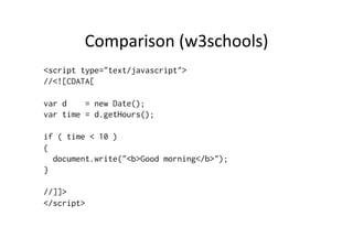 Comparison	
  (w3schools)	
  
<script type="text/javascript">
//<![CDATA[

var d    = new Date();
var time = d.getHours();

if ( time < 10 )
{
  document.write("<b>Good morning</b>");
}

//]]>
</script>
 