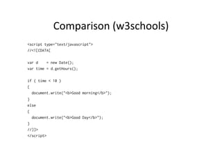 Comparison	
  (w3schools)	
  
<script type="text/javascript">
//<![CDATA[

var d    = new Date();
var time = d.getHours();

if ( time < 10 )
{
  document.write("<b>Good morning</b>");
}
else
{
  document.write("<b>Good Day</b>");
}
//]]>
</script>
 