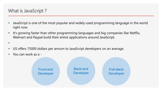 What is JavaScript ?
• JavaScript is one of the most popular and widely used programming language in the world
right now.
• It’s growing faster than other programming languages and big companies like Netflix,
Walmart and Paypal build their entire applications around JavaScript.
•
• US offers 75000 dollars per annum to JavaScript developers on an average.
• You can work as a -
Front-end
Developer
Back-end
Developer
Full-stack
Developer
 