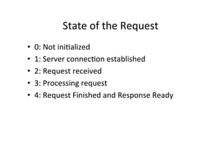 State 
of 
the 
Request 
• 0: 
Not 
iniMalized 
• 1: 
Server 
connecMon 
established 
• 2: 
Request 
received 
• 3: 
Processing 
request 
• 4: 
Request 
Finished 
and 
Response 
Ready 
 