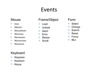 Events Click Dblclick Mousedown Mouseup Mouseover Mousemove Mouseout Keypress Keydown Keyup Select Change Submit Reset Focus Blur Load Unload  Abort Error Resize Scroll Mouse Keyboard Frame/Object Form 