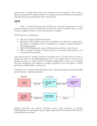 anumită dată se verifică dacă există vreun eveniment în ziua respectivă şi dacă există se
afişează evenimentul. În capitolul următor vom vedea cum putem să afişăm acest program în
mod dinamic pe baza înregistrărilor dintr-o bază de date.
AJAX
AJAX – Asynchronous Javascript and XML este o tehnică de programare web care
permite efectuarea unor cereri http către serverul web, prin intermediul cărora se poate
actualiza o pagină web fără a se efectua reîncărcarea sa completă.
AJAX foloseşte o combina ie de :
• CSS, pentru stilul de afişare al elementlor
• Document Object Model acesat prin intermediului unui limbaj de scripting client-
side precum JavaScript pentru a interac iunea cu pagina şi afişarea dinamică a
informa iei în pagină
• Obiectul XMLHttpRequest pentru schimbul asincron de date cu serverul web
• XML ca format de transfer al datelor trimise în comunica ia client-server (nu este
însă unicul format suportat)
Cum func ionează? La anumite evenimente din pagină sau la un anumit interval de timp, se
apelează un obiect de tip XMLHttpRequest care va cere anumite date de la server iar la
primirea acestora, le va trimite pentru a fi afişate în pagină fără ca aceasta să se reîncarce,
doar prin modificarea unor elemente ale paginii. Formatul în care sunt primite şi trimise
datele poate fi XML, JSON sau chiar text.
Posibilitatea de a reîncărca datele din pagină oferă o experien ă utilizator mult îmbunătă ită
prin minimizarea timpului de aşteptare.
Obiectul Javascript care permite efectuarea acestor cereri asincrone se numeşte
XMLHttpRequest şi specifica iile sale pot fi găsite la [8], unde W3C încearcă să definească un
standard pentru acest obiect.
 