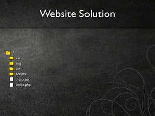 Website Solution


/
    css
    img
    inc
    scripts
    .htaccess
    index.php
 