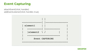 attachEvent(‘click’, handler)
addEventListener(‘click’, handler, true);
Event Capturing
 