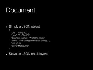 Document

Simply a JSON object
{
    "_id": "listing-123",
    "_rev": "D1C946B7",
    "business_name": "Wolfgang Puck",
    "desc": "Fine dining and casual dining...",
    "rating": 5,
    "city": "Melbourne"
}

Stays as JSON on all layers
 