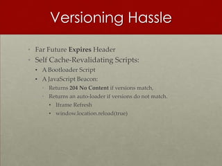 Versioning Hassle
• Far Future Expires Header
• Self Cache-Revalidating Scripts:
  • A Bootloader Script
  • A JavaScript Beacon:
    • Returns 204 No Content if versions match,
    • Returns an auto-loader if versions do not match.
      • Iframe Refresh
      • window.location.reload(true)
 