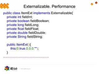 Externalizable. Performance
public class ItemExt implements Externalizable{
private int fieldInt;
private boolean fieldBoolean;
private long fieldLong;
private float fieldFloat;
private double fieldDouble;
private String fieldString;
public ItemExt(){
this(0,true,0,0,0,"");
}
..................................................
 