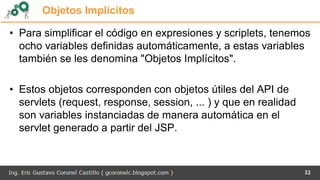 Objetos Implícitos
• Para simplificar el código en expresiones y scriplets, tenemos
ocho variables definidas automáticamente, a estas variables
también se les denomina "Objetos Implícitos".
• Estos objetos corresponden con objetos útiles del API de
servlets (request, response, session, ... ) y que en realidad
son variables instanciadas de manera automática en el
servlet generado a partir del JSP.
32
 