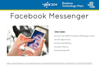 Use case:
‣ more than 850M Facebook Messenger Users
‣ Chat application
‣ Improved Battery
‣ Lower latency
‣ Less bandwidth
https://www.facebook.com/notes/facebook-engineering/building-facebook-messenger/10150259350998920
Facebook Messenger
 