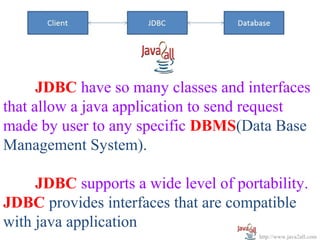 JDBC have so many classes and interfaces
that allow a java application to send request
made by user to any specific DBMS(Data Base
Management System).

     JDBC supports a wide level of portability.
JDBC provides interfaces that are compatible
with java application
                                       http://www.java2all.com
 
