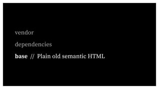 vendor
dependencies
base // Plain old semantic HTML
 