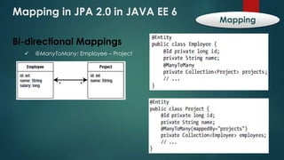 Mapping in JPA 2.0 in JAVA EE 6
Mapping
Bi-directional Mappings
 @ManyToMany: Employee – Project
 