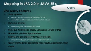 Mapping in JPA 2.0 in JAVA EE 6
Query
JPA Query Features
 Static queries
 Defined with Java language metadata or XML
 Anonotations: @NamedQuery, @NamedNativeQuery
 Dynamic queries
 Query string can be created at runtime.
 Use Java Persistence Query Language (JPQL) or SQL
 Named or positional parameters
 EntityManager is factory for Query objects
 createNamedQuery, createQuery, createNativeQuery
 Query methods for controlling max results, pagination, flush
mode
 