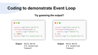 Coding to demonstrate Event Loop
Try guessing the output?
Hello World
I’m JavaScript
Timeout!
Output: Hello World
I’m JavaScript
Timeout!
Output:
 