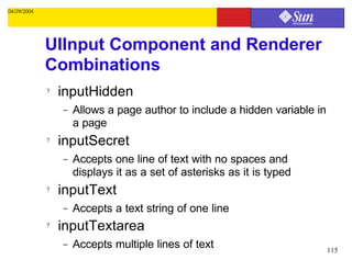 04/29/2004




             UIInput Component and Renderer
             Combinations
             ?   inputHidden
                 –   Allows a page author to include a hidden variable in
                     a page
             ?   inputSecret
                 –   Accepts one line of text with no spaces and
                     displays it as a set of asterisks as it is typed
             ?   inputText
                 –   Accepts a text string of one line
             ?   inputTextarea
                 –   Accepts multiple lines of text                         115
 