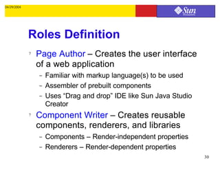 04/29/2004




             Roles Definition
             ?   Page Author – Creates the user interface
                 of a web application
                 –   Familiar with markup language(s) to be used
                 –   Assembler of prebuilt components
                 –   Uses “Drag and drop” IDE like Sun Java Studio
                     Creator
             ?   Component Writer – Creates reusable
                 components, renderers, and libraries
                 –   Components – Render-independent properties
                 –   Renderers – Render-dependent properties
                                                                     30
 