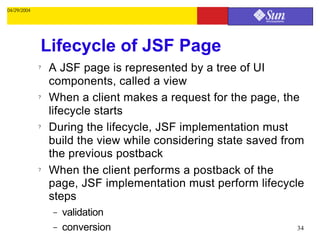 04/29/2004




             Lifecycle of JSF Page
             ?   A JSF page is represented by a tree of UI
                 components, called a view
             ?   When a client makes a request for the page, the
                 lifecycle starts
             ?   During the lifecycle, JSF implementation must
                 build the view while considering state saved from
                 the previous postback
             ?   When the client performs a postback of the
                 page, JSF implementation must perform lifecycle
                 steps
                 –   validation
                 –   conversion                                 34
 