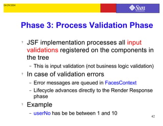 04/29/2004




             Phase 3: Process Validation Phase
             ?   JSF implementation processes all input
                 validations registered on the components in
                 the tree
                 –   This is input validation (not business logic validation)
             ?   In case of validation errors
                 –   Error messages are queued in FacesContext
                 –   Lifecycle advances directly to the Render Response
                     phase
             ?   Example
                 –   userNo has be be between 1 and 10                     42
 